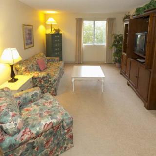 A cozy living room featuring a floral upholstered sofa, a wooden television cabinet, and a coffee table in the center.