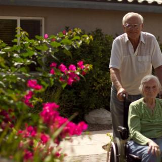 An elderly couple enjoying a sunny day in the garden, with one person in a wheelchair.