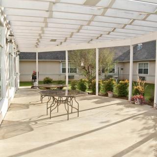A sunny patio with outdoor furniture and a pergola, surrounded by greenery in a residential area.