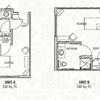 Floor plans for two small apartment units, Unit A and Unit B, showing interior layouts and square footage.