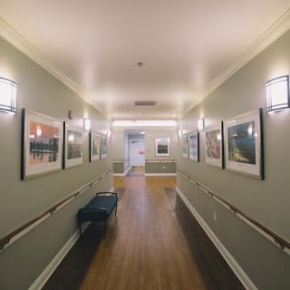 A well-lit hallway adorned with photographs, showcasing a blend of modern design and artistic expression.