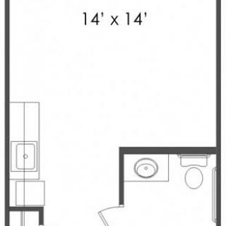 A floor plan featuring a 14' x 14' room with an attached bathroom.
