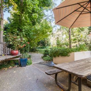 A serene garden patio with a wooden picnic table and a large umbrella, surrounded by lush greenery.