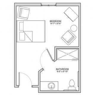 A simple floor plan depicting a small bedroom and bathroom layout.