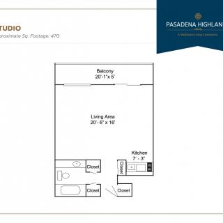 Floor plan design for a studio apartment with a living area and balcony.