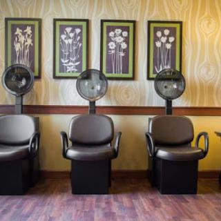 A serene interior of a hair salon featuring stylish chairs and wall decor.
