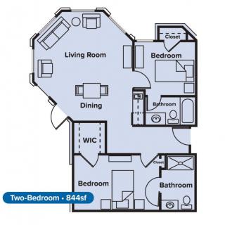 Floor plan of an 840 sq ft two-bedroom apartment featuring a living room, dining area, kitchen, two bedrooms, and a bathroom.