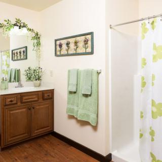 A neatly organized bathroom with green accents, featuring a shower, wooden cabinet with a sink, and decorative plants.