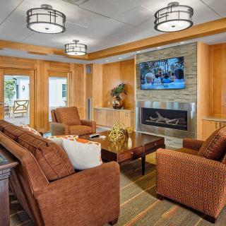 A cozy living room with modern furniture centered around a fireplace and TV.