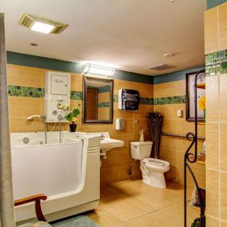 An accessible bathroom featuring a walk-in tub, toilet, and sink.