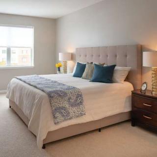 A well-decorated bedroom featuring a large bed with a tufted headboard, decorative pillows, bedside tables with lamps, and a window letting in natural light.