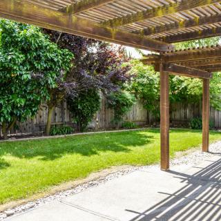 A sunny backyard with a pergola, lush lawn, and surrounding garden.