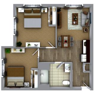 A detailed floor plan of a two-bedroom apartment featuring a living room, kitchen, and bathroom.