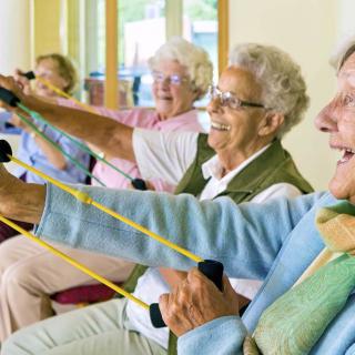 A group of seniors participating in a resistance training exercise class.