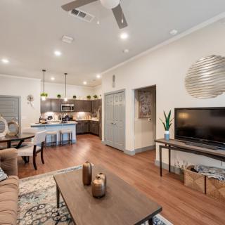 A modern open-concept living room and kitchen area with stylish decor and wood flooring.
