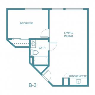 Floor plan of a one-bedroom apartment with living area and kitchen.