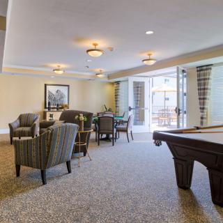 A cozy lounge area featuring a pool table and comfortable seating arrangements.