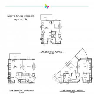 Floor plans of alcove and one-bedroom apartments showing different layout options.