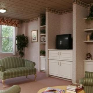 Cozy living room with green upholstered furniture and built-in shelves.