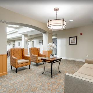 A modern lobby with comfortable seating and elegant lighting.