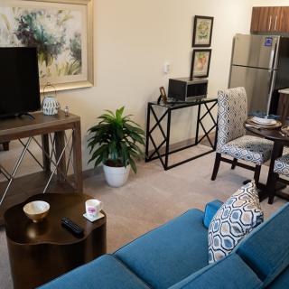 A cozy living room featuring a blue sofa, TV, dining table, and plants.