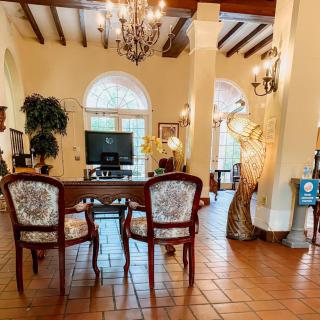A classic living room with elegant furnishings, featuring chandeliers, wooden beams, and arched windows.