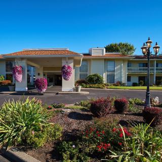 A welcoming hotel entrance surrounded by vibrant landscaping on a sunny day.