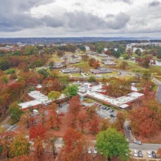 Aerial view of a landscape with buildings surrounded by trees in autumn colors under a cloudy sky.