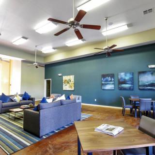 A spacious and modern living room with comfortable seating, ceiling fans, and stylish decor.