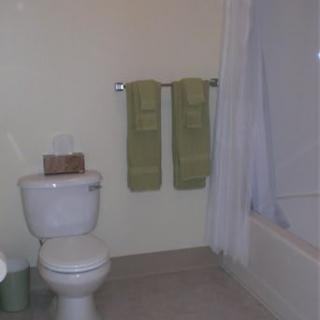 A clean bathroom with green towels hanging on the wall.