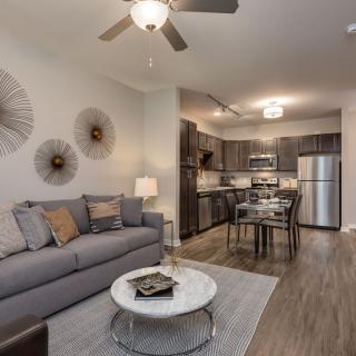 Modern open-concept living room and kitchen with comfortable furnishings and stylish decor.