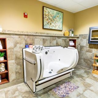 A luxurious bathroom with a modern spa tub and elegant decor.