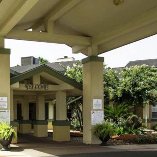 The entrance of a hospital building surrounded by greenery.