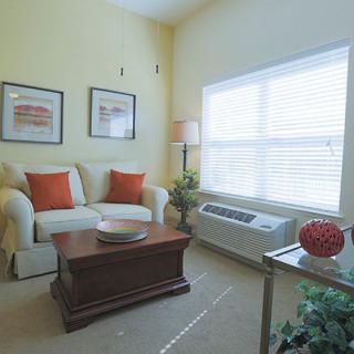 A cozy living room with a sofa, coffee table, and bright decor.