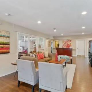 A modern living room with cozy seating and vibrant decor.