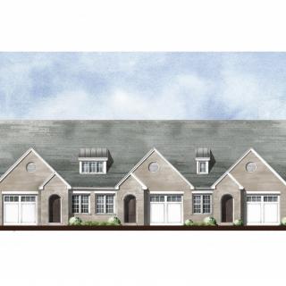 Illustration of a row of brick townhouse units with garages and dormer windows.