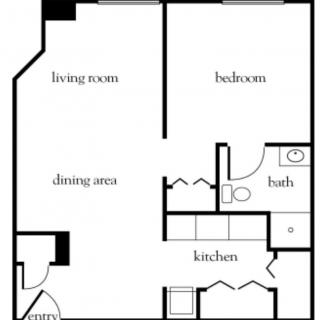 A floor plan of a one-bedroom apartment featuring a living room, dining area, kitchen, and bathroom.