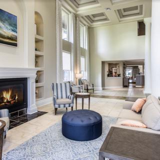 A spacious and elegantly designed living room with a fireplace and modern furniture.