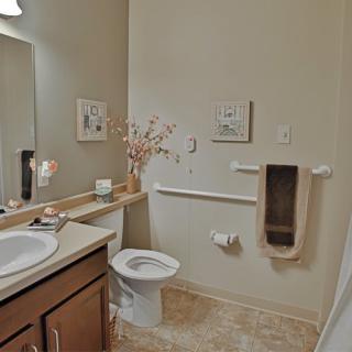 A clean and modern bathroom with a toilet, sink, and decorative elements.