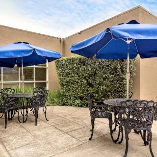 An outdoor patio area with tables and chairs under blue umbrellas.