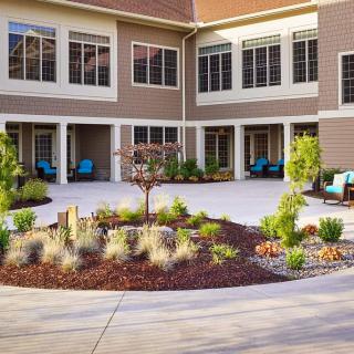 A beautifully landscaped courtyard with shrubs and seating areas in a modern building complex.