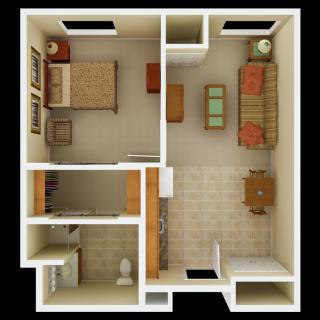 A 3D floor plan of a one-bedroom apartment featuring a living room, kitchen, and bathroom.