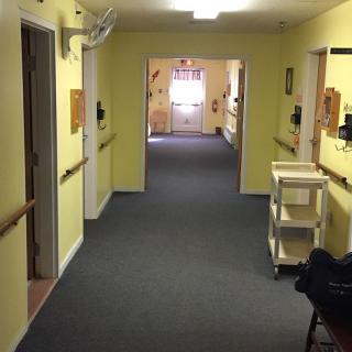 A hallway in a building with yellow walls, carpeted floor, handrails, and multiple doors.