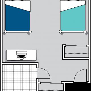 This image is a floor plan of a bedroom featuring two beds, a bathroom, and a small closet area.