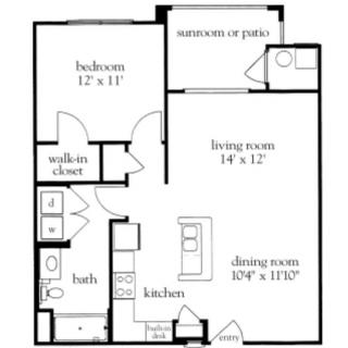 This is a floor plan of a one-bedroom apartment, including a living room, kitchen, dining room, bathroom, walk-in closet, and patio or sunroom.