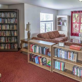 A cozy living room with bookshelves filled with various books, a sofa, and natural light from the windows.