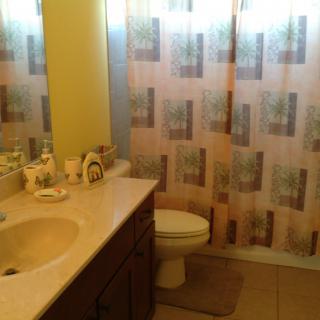 A cozy bathroom with a shower curtain, sink, and toilet.
