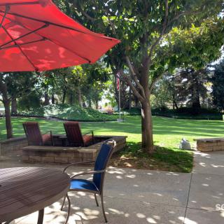 A tranquil outdoor patio area with tables, chairs, and a vibrant red umbrella overlooking a lush garden.