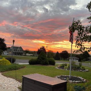 A serene sunset illuminating the sky with vibrant colors, framed by a peaceful garden.