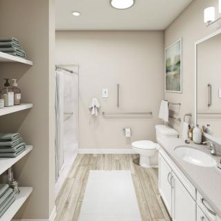 A modern bathroom with a shower, double sinks, and neatly organized shelves.
